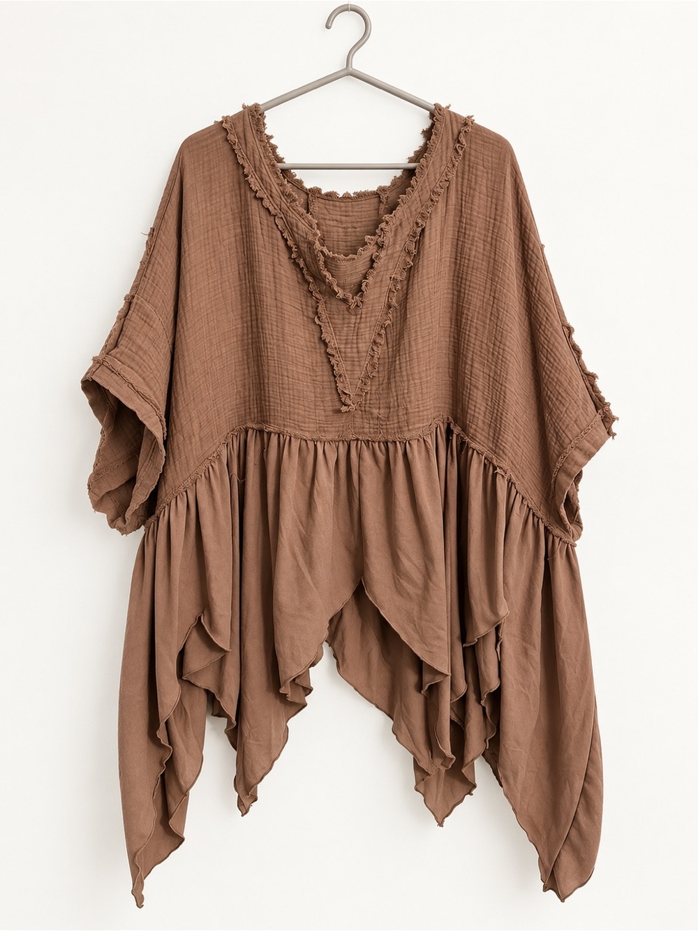 SHEIN Curve 3XL Brown Boho Oversized Tunic Top Asymmetrical Raw Hem Cottagecore